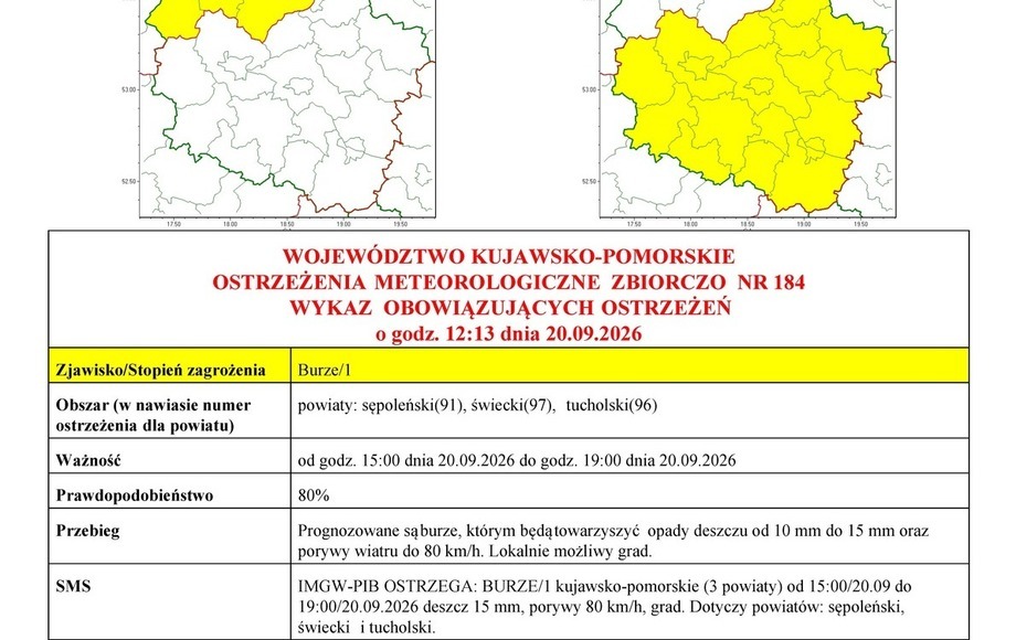 Ostrzeżenie pierwszego stopnia przed silnym wiatrem dla Izbicy Kujawskiej